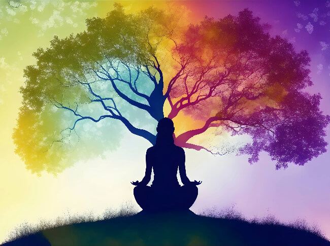 A woman sitting in a meditative position facing a tree.