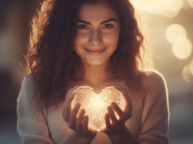 A woman with a heart trinket that lights up in her hands.