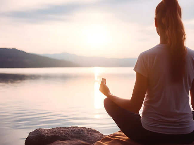 a woman sitting on a rock looking towards the water meditating.