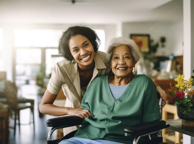 An older woman in a wheel chair with her daughter caring for her.
